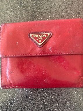 Prada Red Leather Folded Wallet with Gold Triangle Logo